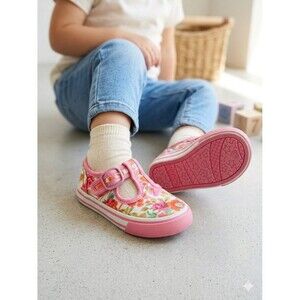 Genuine Kids OshKosh Toddler Girls Floral T-Strap Mary Jane Canvas Shoes Size 4